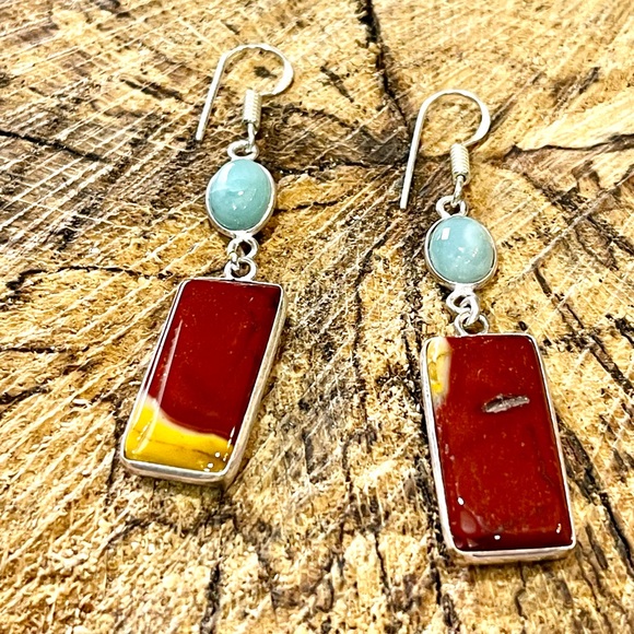 Mookaite & Caribbean Larimar Earrings 2 1/2” - Picture 9 of 10